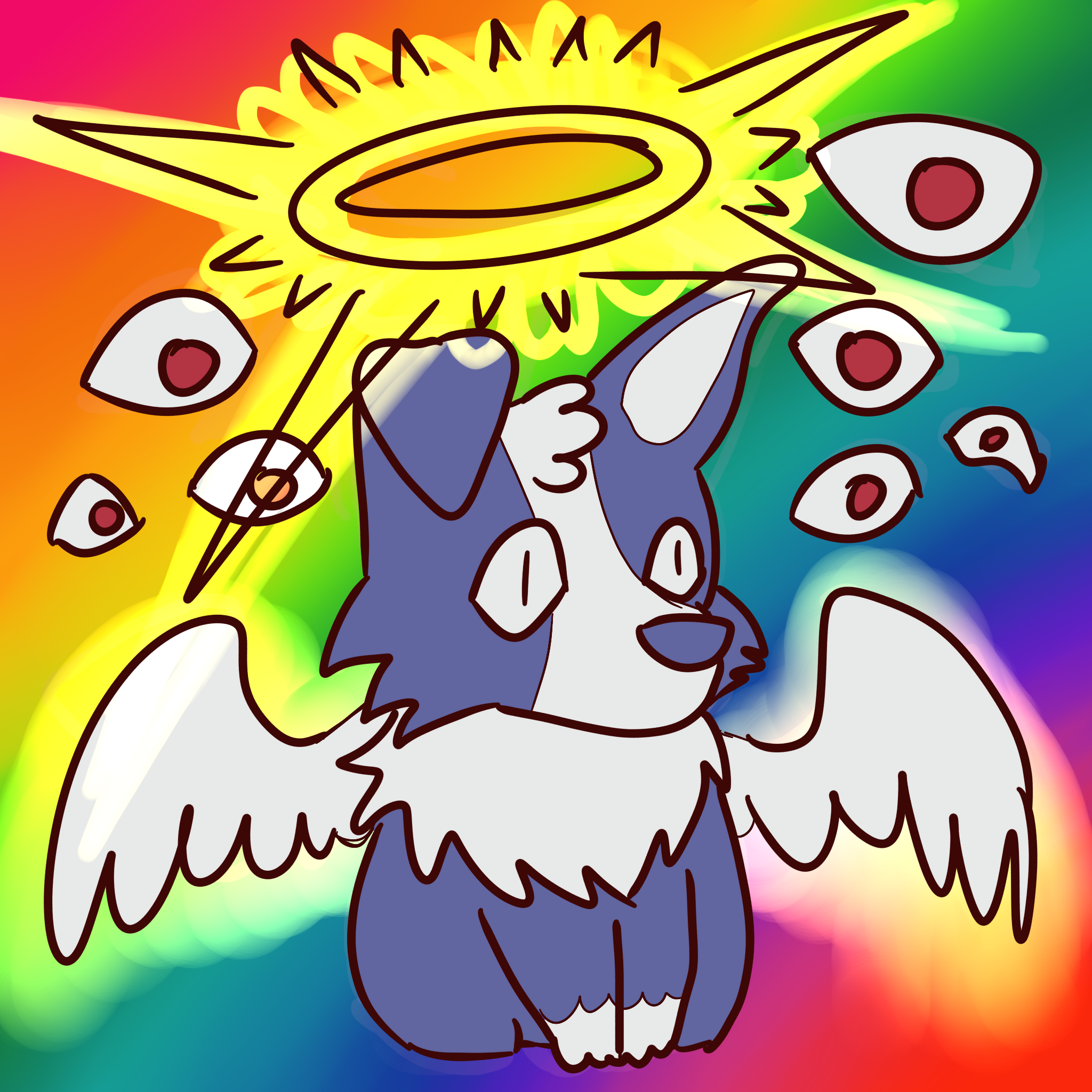 a blue dog with angel wings and a halo surrounded by multiple floating eyes. the image has a rainbow background